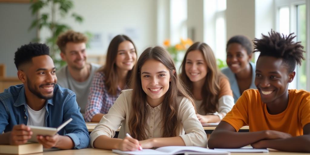 Smiling diverse students in a classroom at Australis English Academy